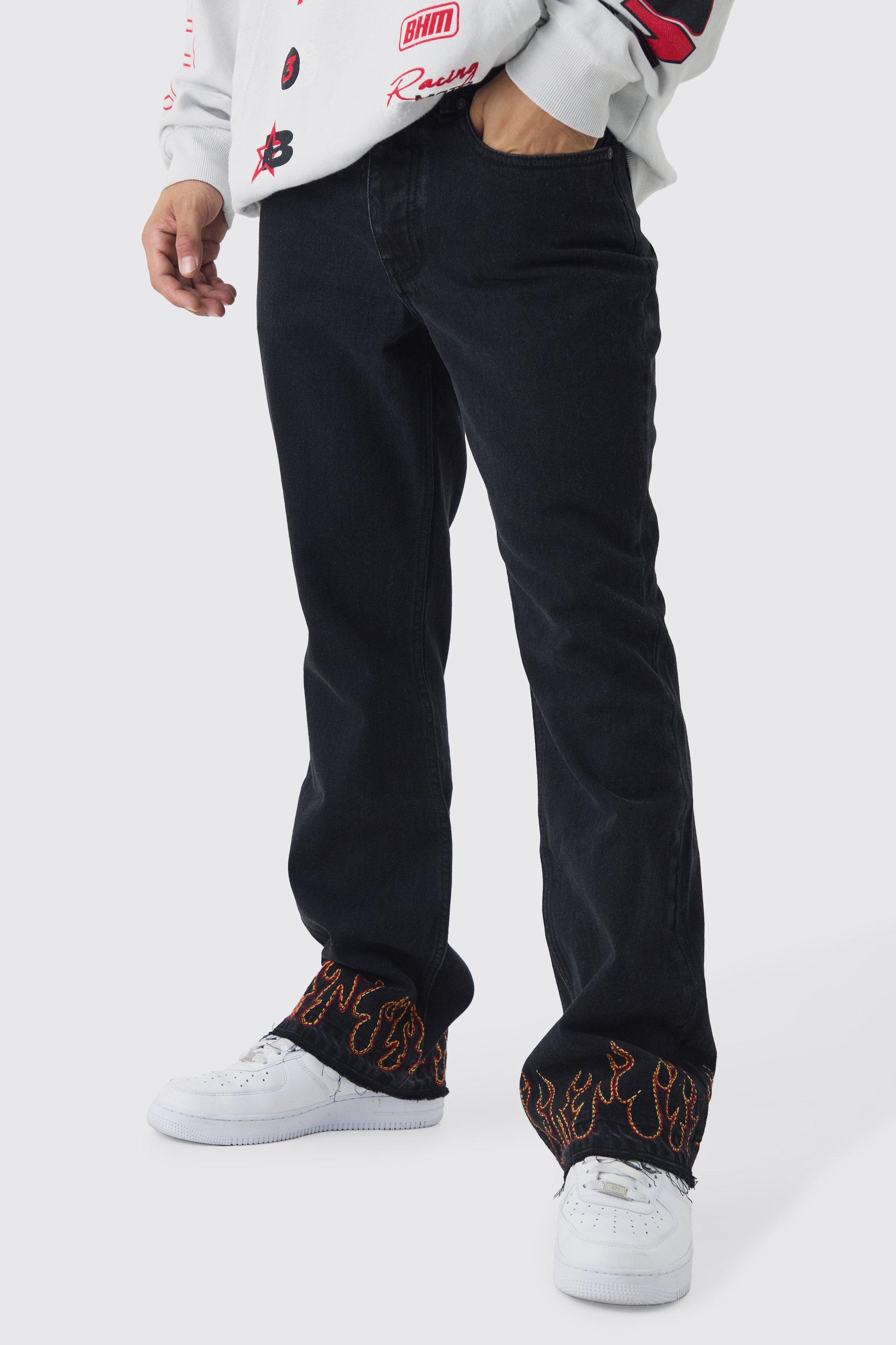 Mens Black Slim Rigid Flared Flame Embroidered Jeans, Black